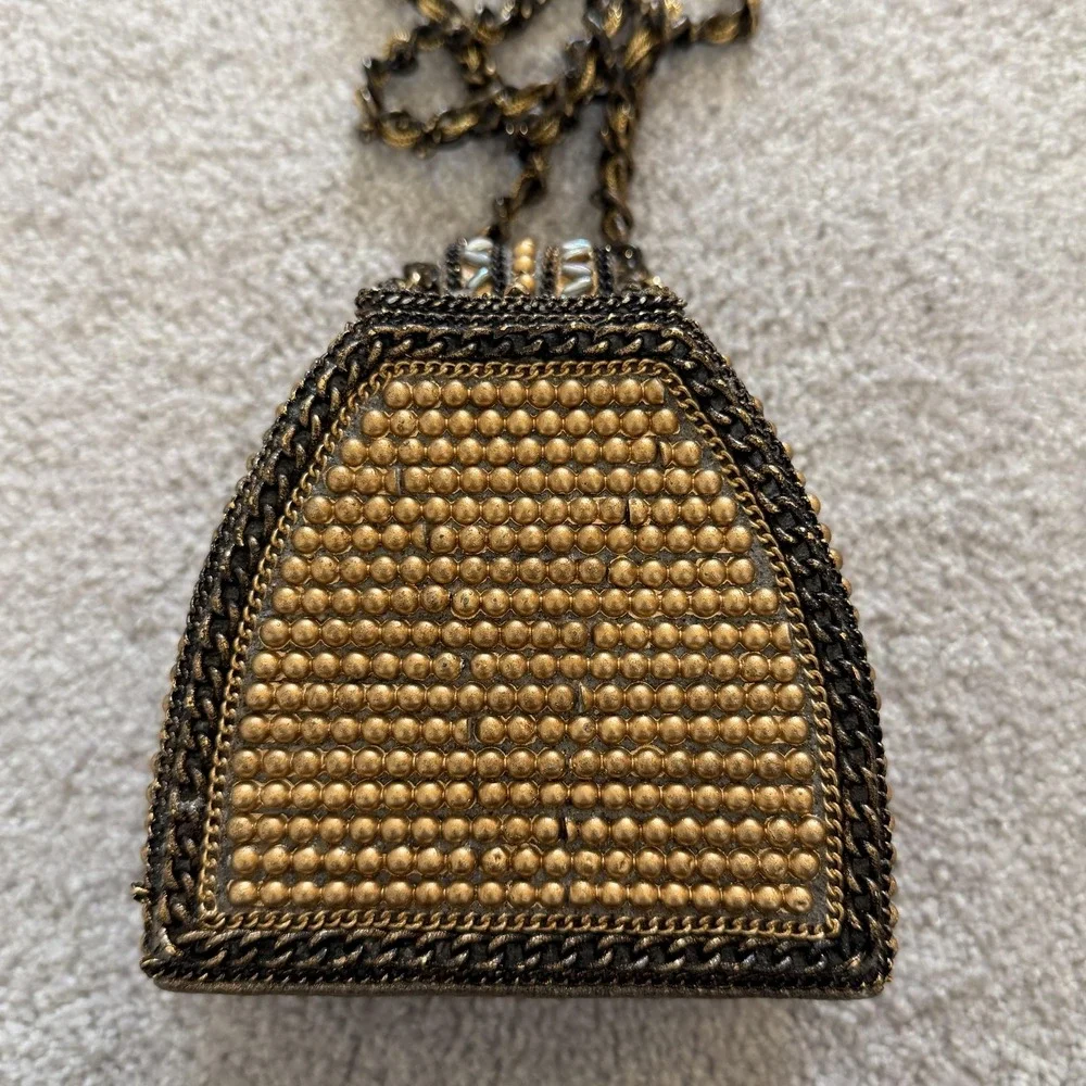 Mary Frances Beaded Mini Crossbody Bag Wearable Art Deco Gold Metal Suede Purse